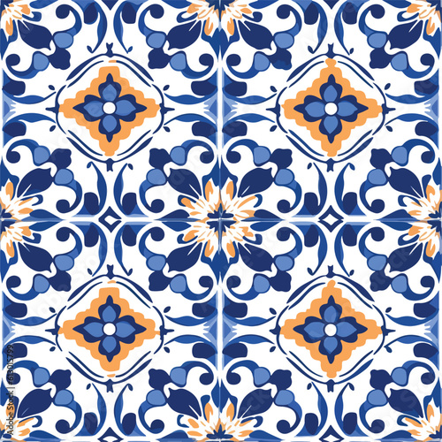 Traditional Talavera ornamental pattern. Seamless abstract pattern from tiles. Azulejos tiles patchwork. Portuguese and Spain decor. Mediterranean porcelain pottery.