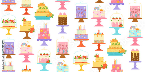 Birthday cakes celebration desserts cartoon seamless pattern. Party delicious cupcake sweet bakery boundless background. Holiday decoration cake abstract ornament pastries endless print texture vector