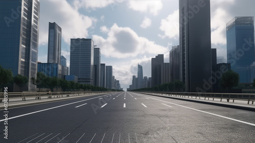 Empty asphalt road of a modern city with skyscrapers. Generative AI
