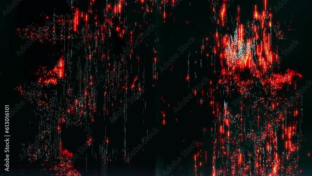 conceptual animation of distorted digital transmission with unique colorful orange scramble glitch noise effects. visualization of binary pixelated block code transmission with an alien strange trippy
