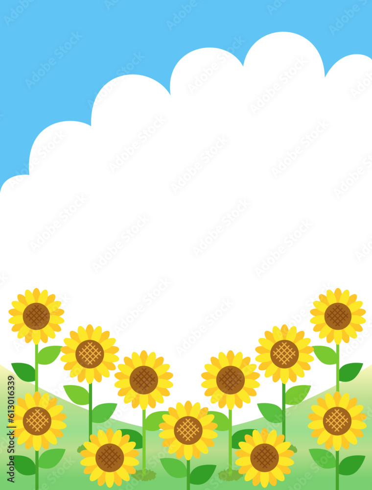 向日葵と青空と入道雲の夏の景色をイメージしたイラスト 縦書きバージョン 向日葵と青空と入道雲の夏の景色をイメージしたイラスト 縦書きバージョン