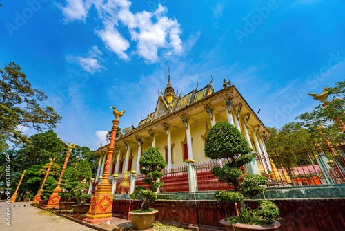 Travel and landscape concept. Top view of Ancient Khmer pagoda architecture. The main hall of Kompongnikroth Khmer Pagoda also call by Hang Pagoda or Chua Hang Chau Thanh, Tra Vinh province, Vietnam photo