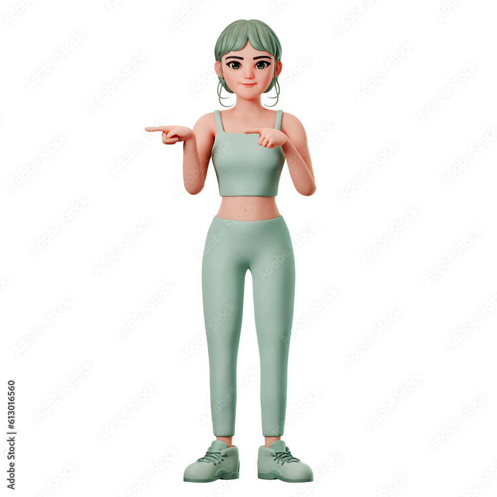 Sport Girl Character Pointing to Left side With both hand, 3D Character Render Illustration Sport Girl Character Pointing to Left side With both hand, 3D Character Render Illustration