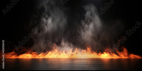 Empty dark scene, the orange red flame is burning with smoke float up the interior texture for display products, music concert. Fire stage with spotlights shine on floor in dark room. Generative Ai