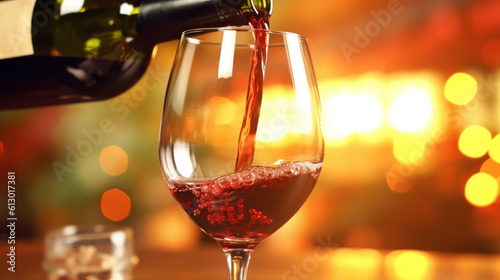 Pouring wine from bottle into glass on blurred background