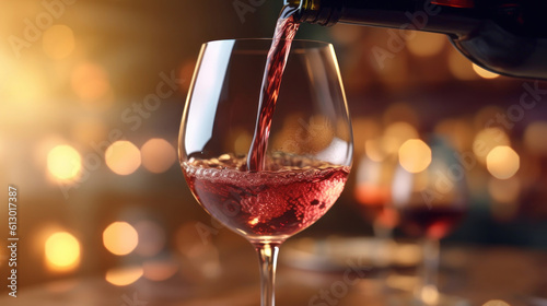 Pouring wine from bottle into glass on blurred background