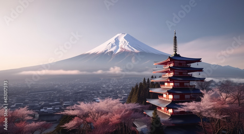 Fujiyoshida  Japan Beautiful view of mountain Fuji and Chureito pagoda wide background landscape. Generative AI