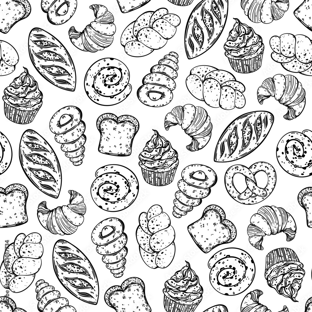 Bakery seamless vector pattern. Fresh organic bread, cupcake, croissant, loaf, bun. Gluten free baked goods. Sweet pastries, homemade pies. Food sketch. Black and white background for packaging, menu