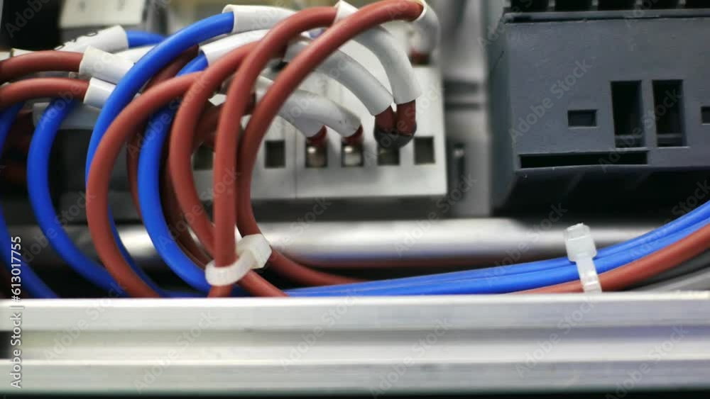 Close up of Wires and electrical circuits in control boxes for industrial machinery, Safety and energy industry technology concepts. Close up of Wires and electrical circuits in control boxes for industrial machinery, Safety and energy industry technology concepts.