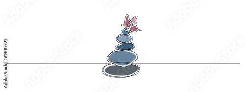 Pebbles with butterfly in one continuous line drawing. Zen Balance and meditation soul in simple linear style. Spa wellness and massage salon editable stroke. Doodle outline vector illustration