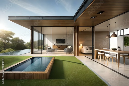 an image of a contemporary house with clean lines, minimalist design, and seamless integration between indoor and outdoor living spaces © Being Imaginative