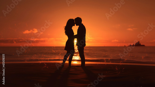 Silhouette of couple in love kissing on the beach , Generative Ai