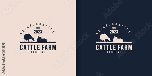 Beef, Cow logo. Fresh Beef trendy logo, emblem, poster with Cow Head. Vintage typography. Graphic emblem template for barbecue, steak house, restaurant, butcher shop and butcher shop