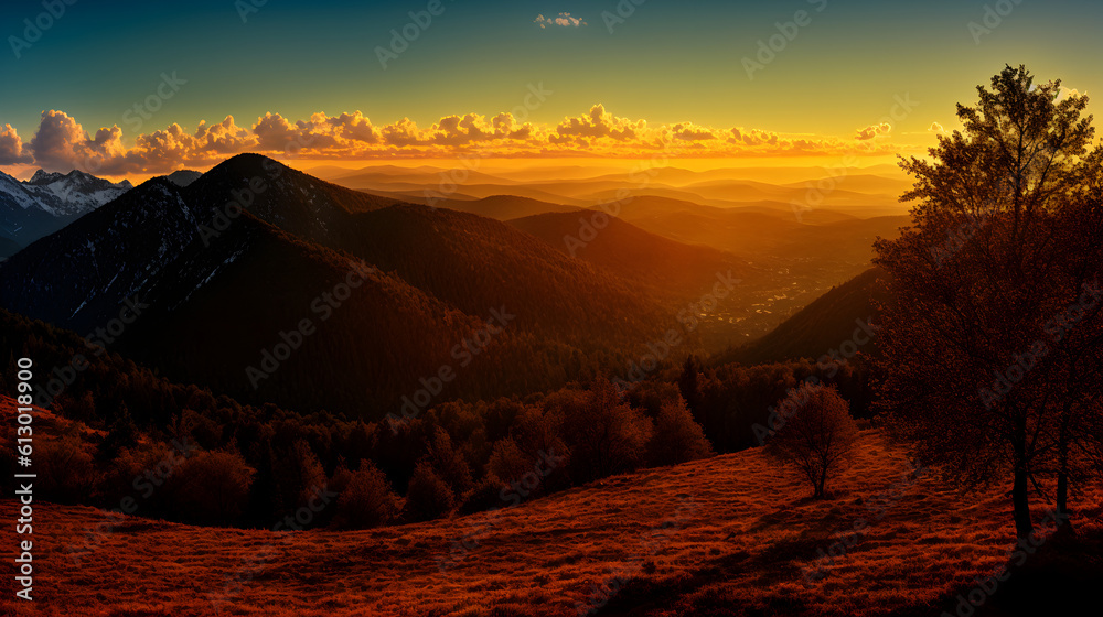 Naklejka premium Dusk Mountainview into the valley