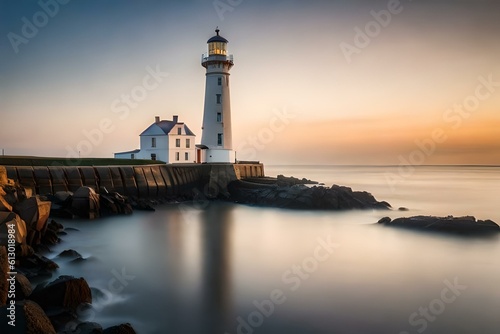 a captivating image of a majestic lighthouse standing tall on a rugged coastline, its beacon shining brightly to guide ships safely through the night. © Being Imaginative