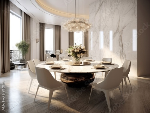 Luxury dining room with a marble table  plush chairs and elegant decor  natural light. Generative AI