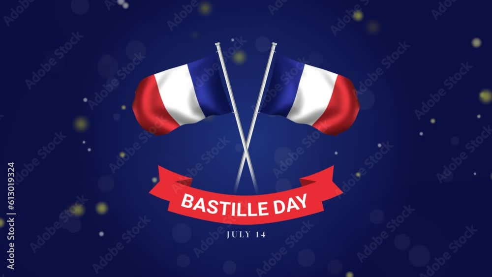 Bastille day france celebration lettering with flag animation. 14 July, Bastille Day Simple Animation. Fête Nationale Française, 14 Juillet. French National Holiday, Waving Flag Animation.