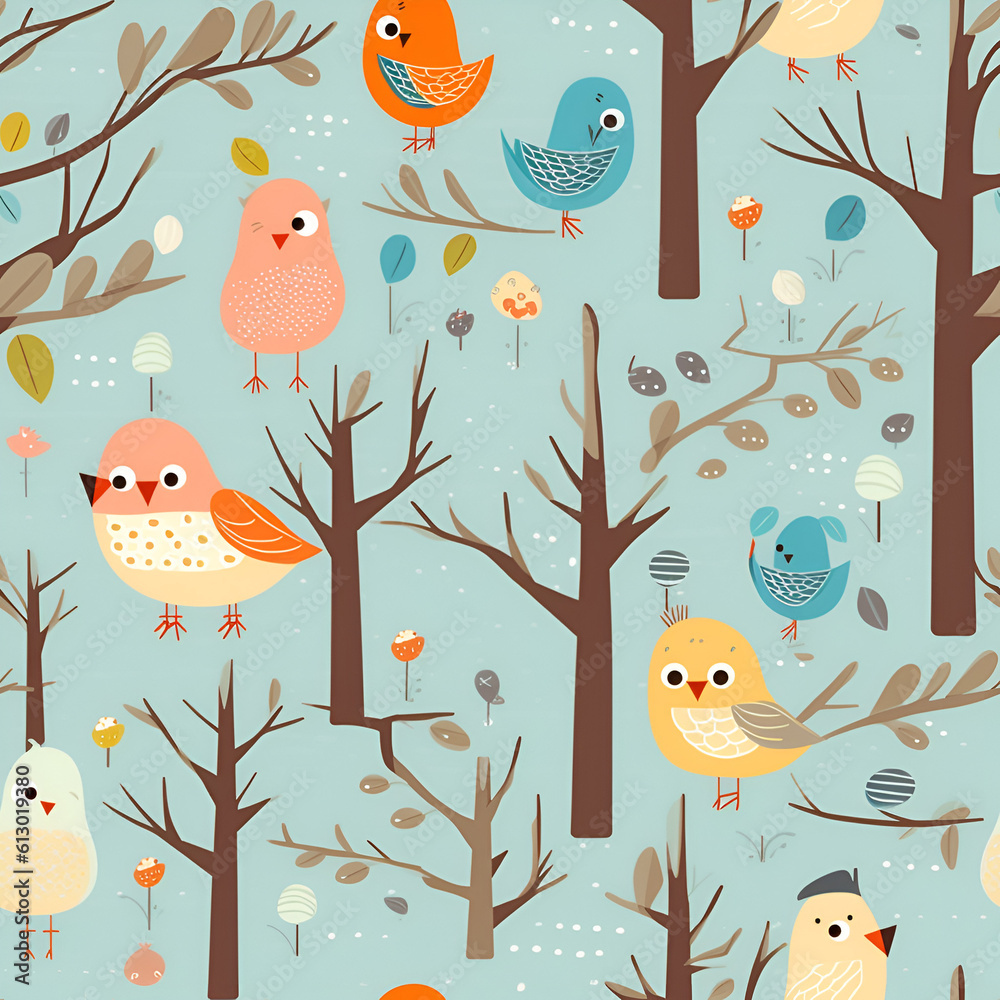 A seamless pattern of cute birds in the woods. Vector art using flat colors. Generative AI. A seamless pattern of cute birds in the woods. Vector art using flat colors. Generative AI.
