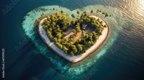 Aerial view of a paradise palm tree Island, Heart, Generative Ai