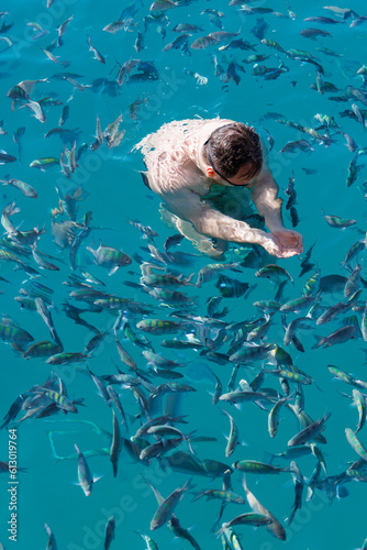 homem mergulhando nas águas claras do mar cercado de peixes photo