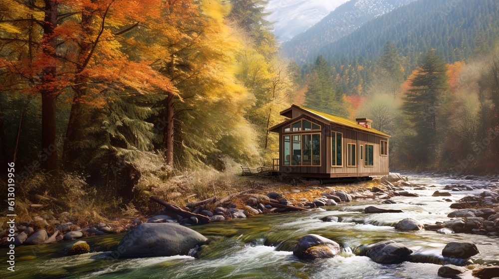 Beautiful tiny house next to a river in a forest. Generative AI Stock ...