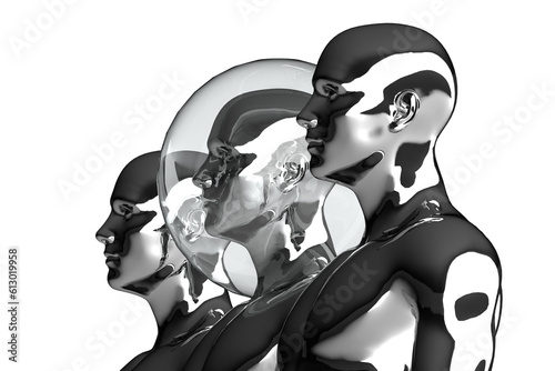 3D illustration. Three metal mannequins and one of them in a security bubble. 