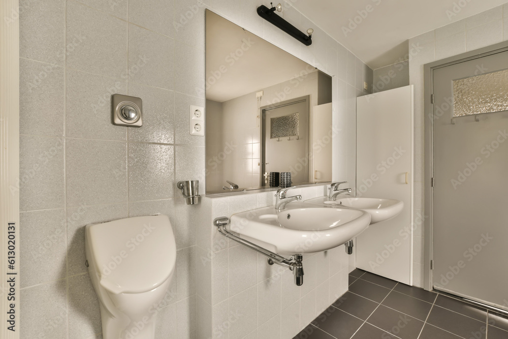 a bathroom with a white toilet and black tile floor in the photo is taken to the right, there is a mirror on the a bathroom with a white toilet and black tile floor in the photo is taken to the right, there is a mirror on the
