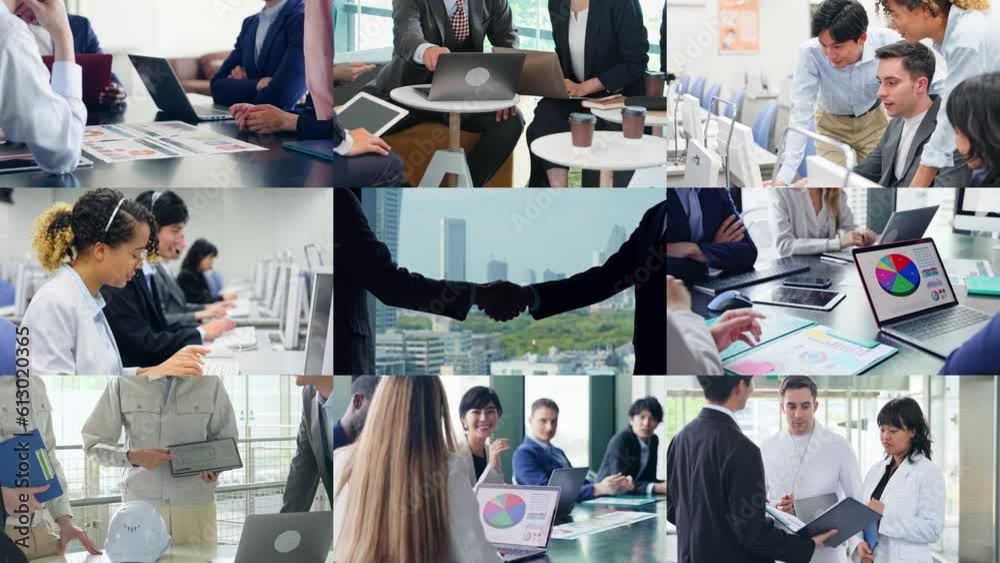 Collage movie of various business scenes. Scale transition from handshake scene.