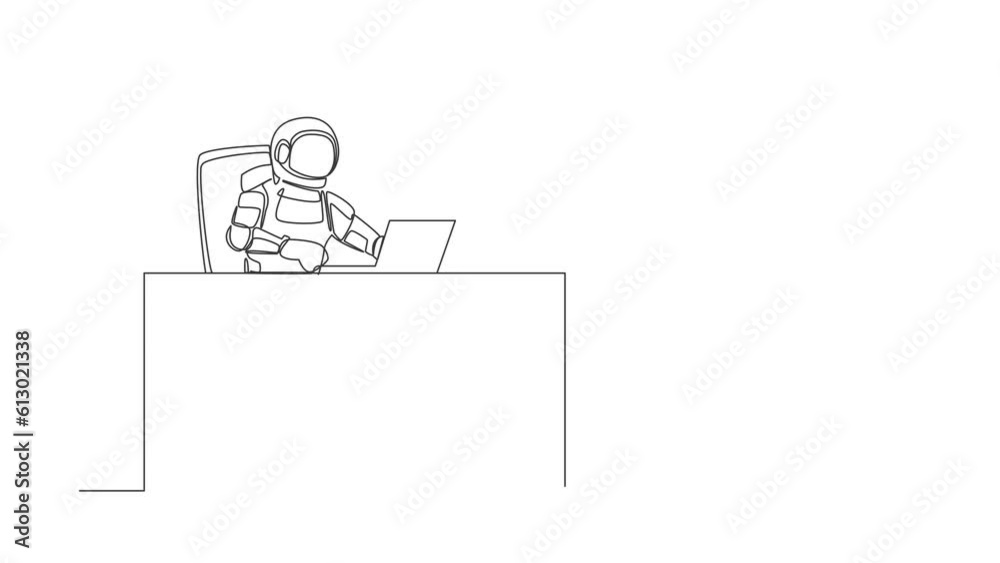 Animated self drawing of continuous line draw astronaut typing sending messages at working desk. Researching preparations for launching spacecraft. Cosmonaut space. Full length single line animation Animated self drawing of continuous line draw astronaut typing sending messages at working desk. Researching preparations for launching spacecraft. Cosmonaut space. Full length single line animation