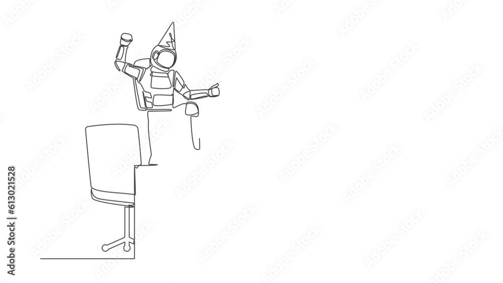 Animated self drawing of continuous line draw astronaut stands in office desk with hand raised. Spaceman celebrate successful in spaceship journey. Cosmonaut space. Full length single line animation