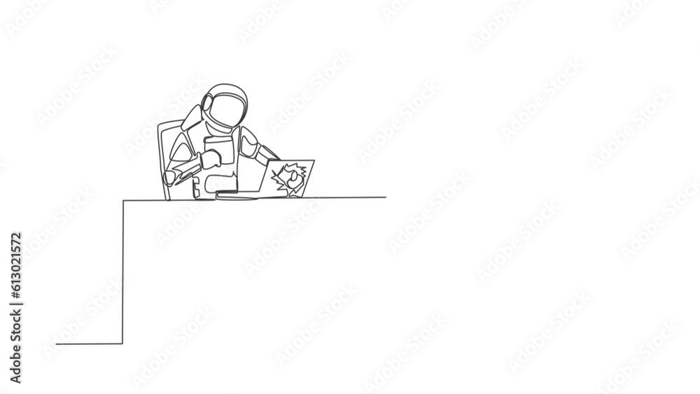 Self drawing animation of single one line draw young astronaut breaks his laptop computer hitting it with clenched fist at working desk. Cosmic galaxy space. Continuous line draw. Full length animated Self drawing animation of single one line draw young astronaut breaks his laptop computer hitting it with clenched fist at working desk. Cosmic galaxy space. Continuous line draw. Full length animated