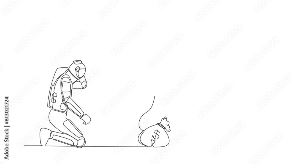 Animated self drawing of continuous one line draw astronaut kneeling watching money bag burning up. Global financial crisis impacted space industry. Cosmonaut space. Full length single line animation Animated self drawing of continuous one line draw astronaut kneeling watching money bag burning up. Global financial crisis impacted space industry. Cosmonaut space. Full length single line animation