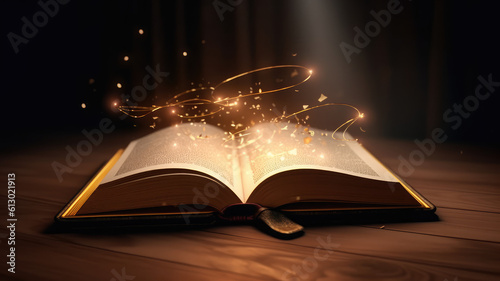Foto Magical image of old open bewitch antique book over wooden table with magic gold glitter sparkfly light overlay on dark background