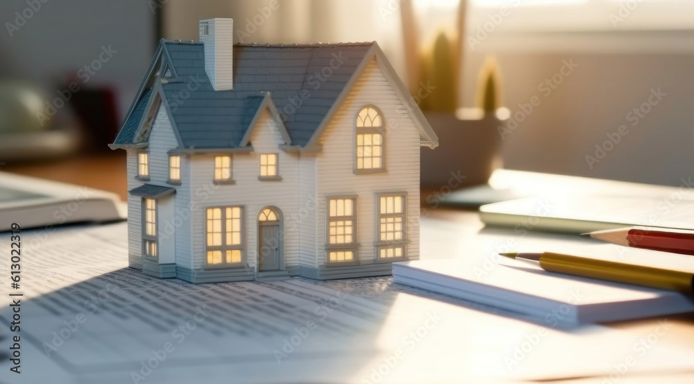 Real estate model on table next to paperwork Real estate model on table next to paperwork