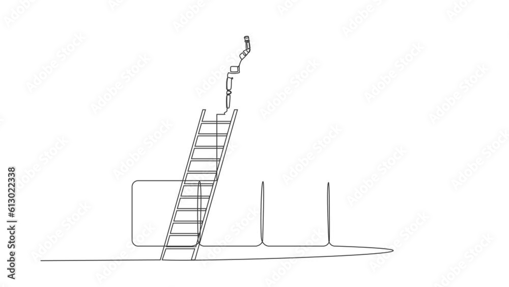 Self drawing animation of single line draw astronaut climb ladder standing with fist up gesture on graphic bar beside trophy. Celebrate success space exploration. Continuous line. Full length animated Self drawing animation of single line draw astronaut climb ladder standing with fist up gesture on graphic bar beside trophy. Celebrate success space exploration. Continuous line. Full length animated