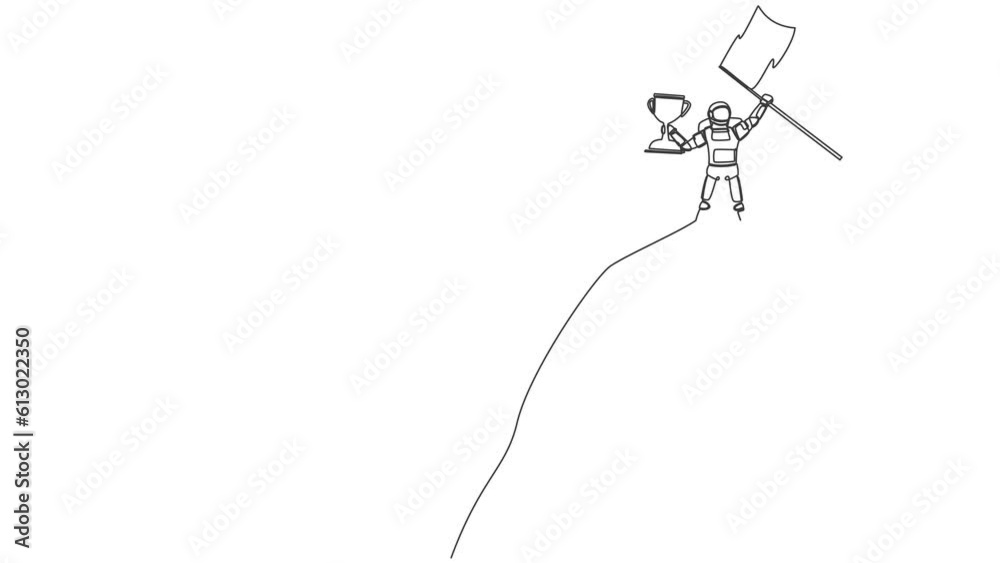 Self drawing animation of single line draw astronaut lifting up trophy flag on top of mountain. Win reach goal in spaceship industry. Cosmic galaxy space. Continuous line draw. Full length animated Self drawing animation of single line draw astronaut lifting up trophy flag on top of mountain. Win reach goal in spaceship industry. Cosmic galaxy space. Continuous line draw. Full length animated