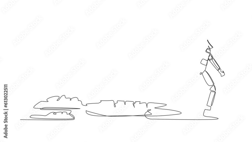 Animated self drawing of continuous line draw astronaut walking unsteadily leaving hole dug and dragging shovel. Gave up in moon exploration. Cosmonaut outer space. Full length single line animation Animated self drawing of continuous line draw astronaut walking unsteadily leaving hole dug and dragging shovel. Gave up in moon exploration. Cosmonaut outer space. Full length single line animation
