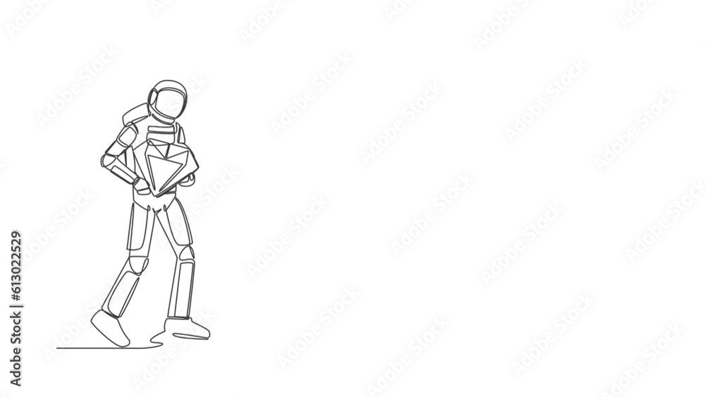 Animated self drawing of continuous line draw astronaut walking holding big diamond to digging hole in moon surface. Successful space expedition. Cosmonaut deep space. Full length one line animation Animated self drawing of continuous line draw astronaut walking holding big diamond to digging hole in moon surface. Successful space expedition. Cosmonaut deep space. Full length one line animation