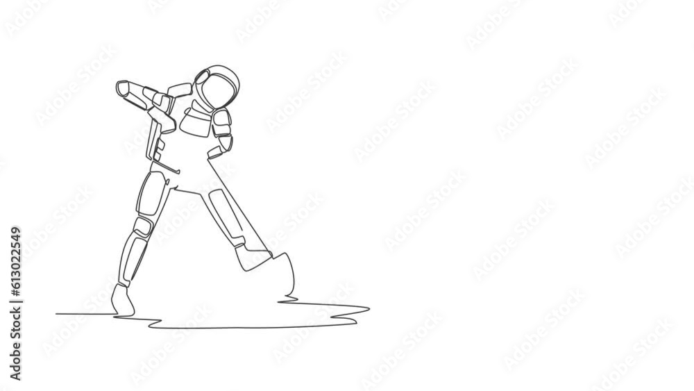 Self drawing animation of single line draw astronaut digging ground with spade in moon surface. Hard working process in spaceship expedition. Cosmic galaxy space. Continuous line. Full length animated