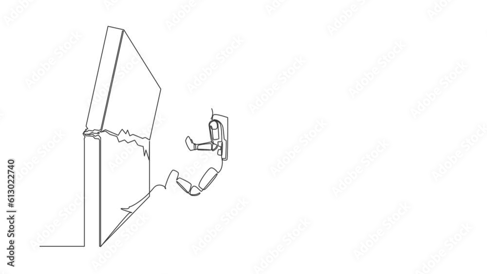 Self drawing animation of single line draw astronaut doing kungfu or karate flying kick to destroy brick wall. Success in space exploration. Cosmic galaxy space. Continuous line. Full length animated Self drawing animation of single line draw astronaut doing kungfu or karate flying kick to destroy brick wall. Success in space exploration. Cosmic galaxy space. Continuous line. Full length animated