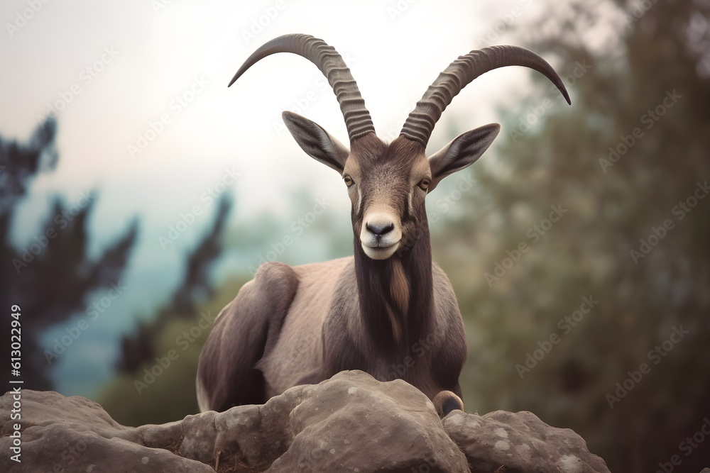 Closeup of an ibex on a rock in the wilderness realistic. Generatve AI