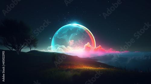 landscape with colorful moon background, ai generated 