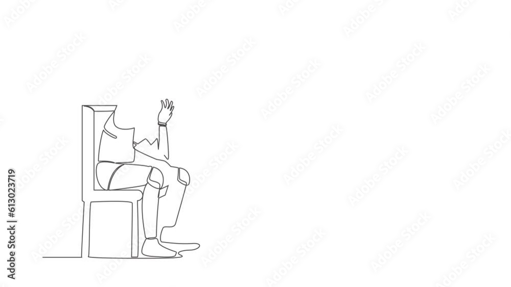 Animated self drawing of continuous one line draw robot hold his head sitting on chair. Regret on mistake, depressed. Humanoid cybernetic organism. Future robotic. Full length single line animation Animated self drawing of continuous one line draw robot hold his head sitting on chair. Regret on mistake, depressed. Humanoid cybernetic organism. Future robotic. Full length single line animation
