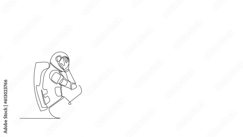 Animated self drawing of continuous line draw astronaut sitting on the floor with cover his face, feeling sad due to cosmic journey failure . Cosmonaut outer space. Full length single line animation Animated self drawing of continuous line draw astronaut sitting on the floor with cover his face, feeling sad due to cosmic journey failure . Cosmonaut outer space. Full length single line animation