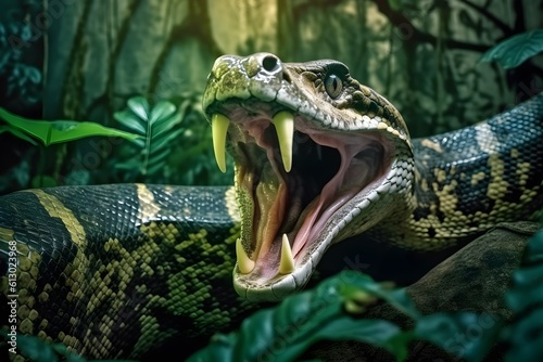 A python in the deep rainforest Flicking its tongue Lush. Generative AI