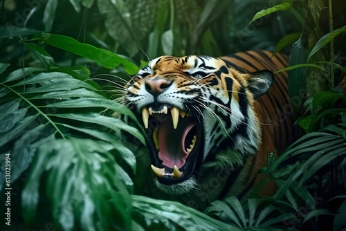 A Tiger in the deep rainforest Flicking its tongue Lush. Generative AI