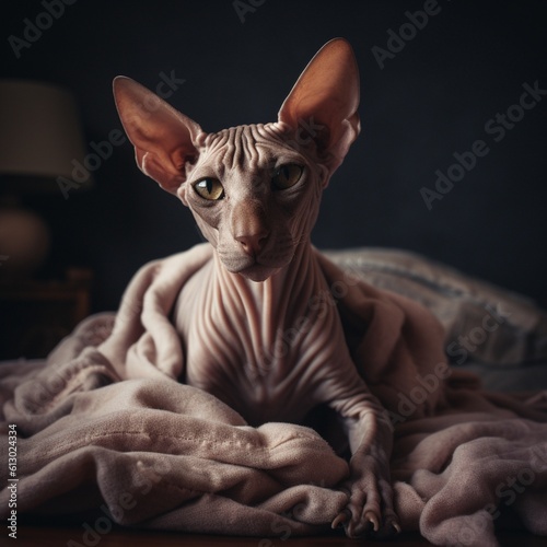 Hairless Peterbald Cat on Warm Blanket