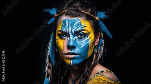 Portrait of a woman with the flag of the Ukraine painted on her face and body. Blue and yellow colors of Ukraine flag on dark studio background. Art, peace, freedom and rights. Generative AI