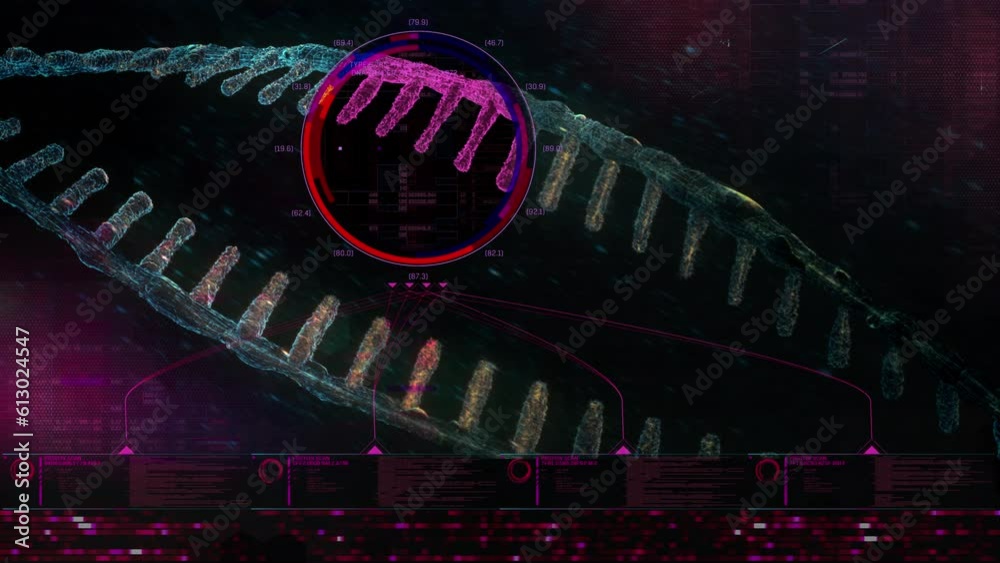 3D animation of an isolated floating double helix in an artificial intelligence HUD screen graphic. Conceptual DNA string protein scan in macro close-up view. Futuristic microbiology bioengineering.