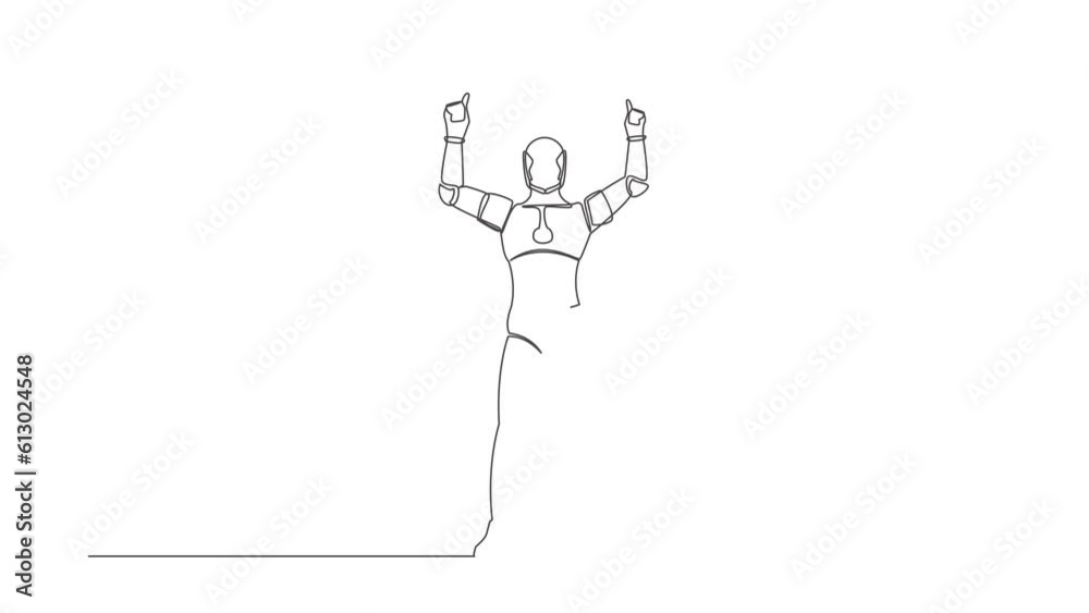 Animated self drawing of continuous line happy robot standing with both ...